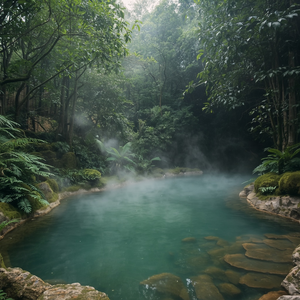A tranquil natural hot spring surrounded by dense green forest, peaceful atmosphere, realistic and relaxing wellness retreat setting.